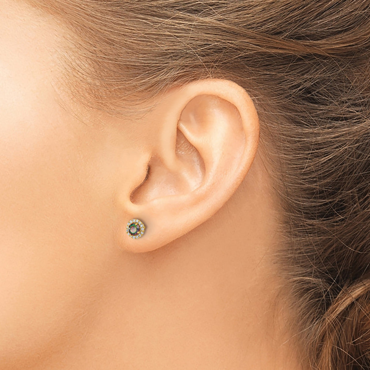 14k Yellow Gold Stud Earrings with Round Mystic Topaz and White Gemstone Halo