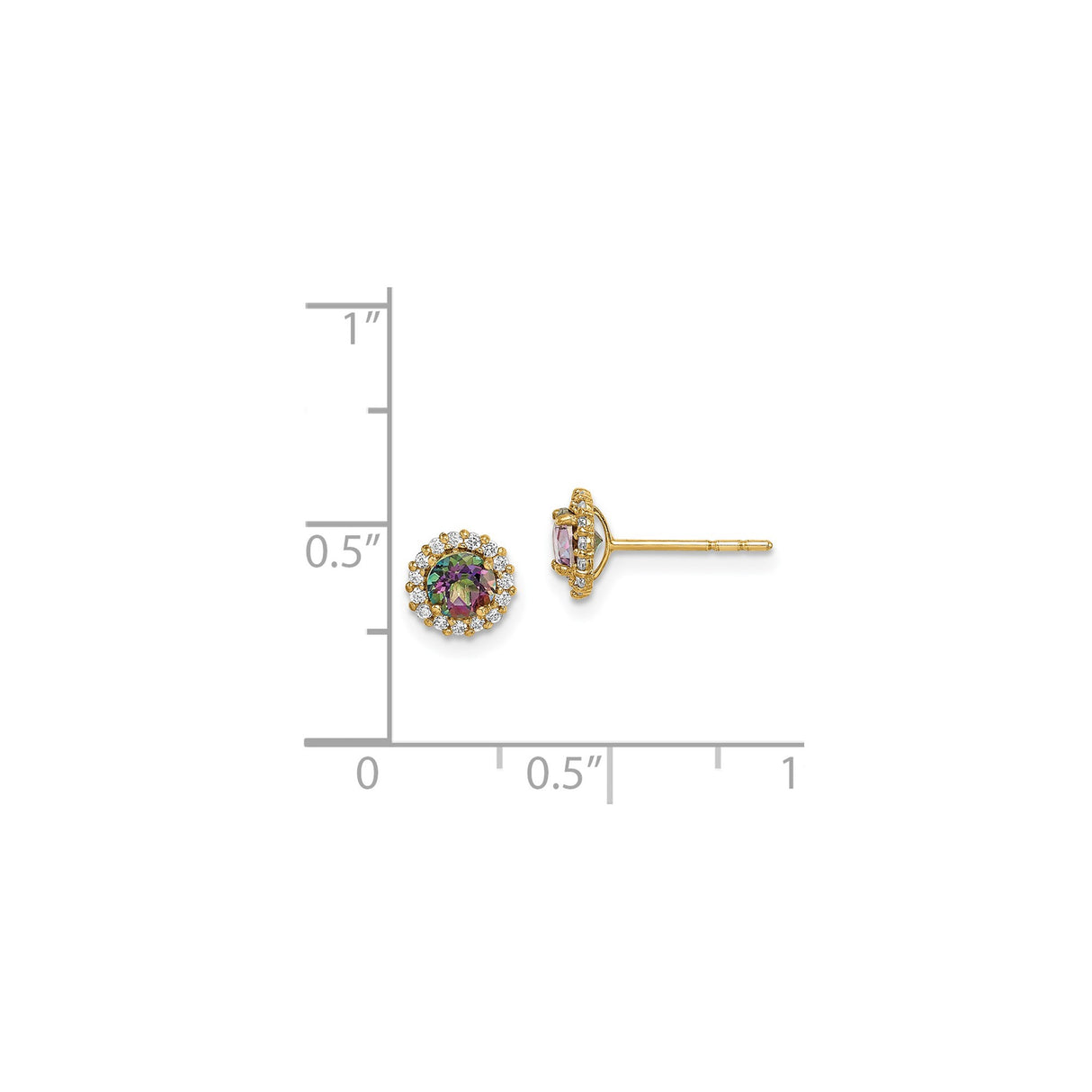 14k Yellow Gold Stud Earrings with Round Mystic Topaz and White Gemstone Halo