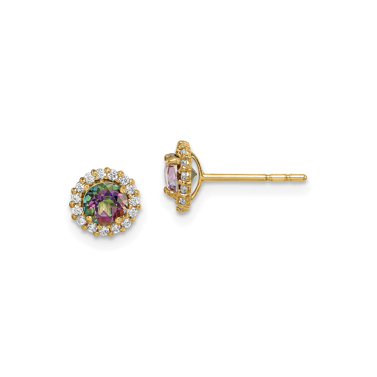 14k Yellow Gold Stud Earrings with Round Mystic Topaz and White Gemstone Halo