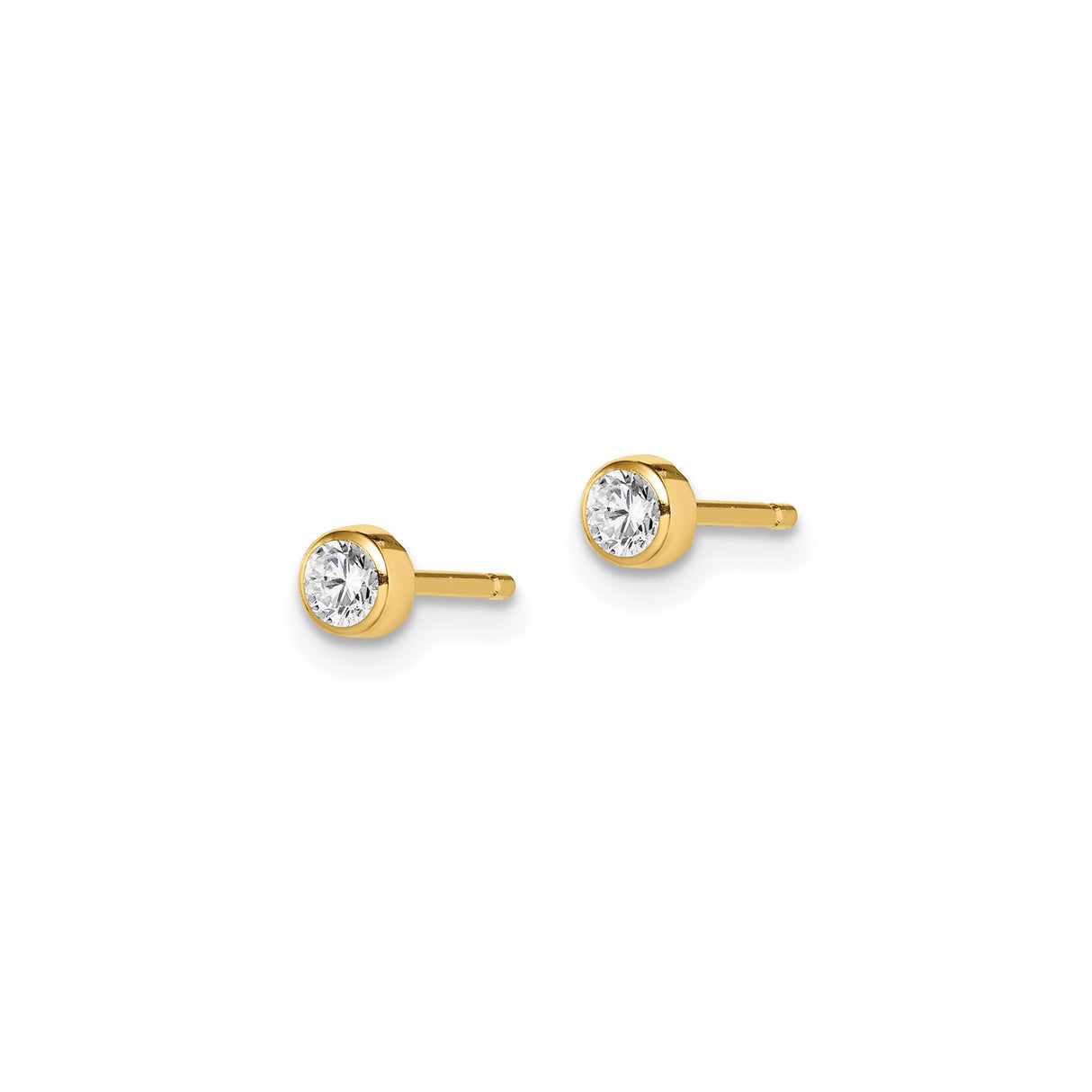 14k Yellow Gold Stud Earrings with Round Bezel Set Cubic Zirconia, Minimalist Design
