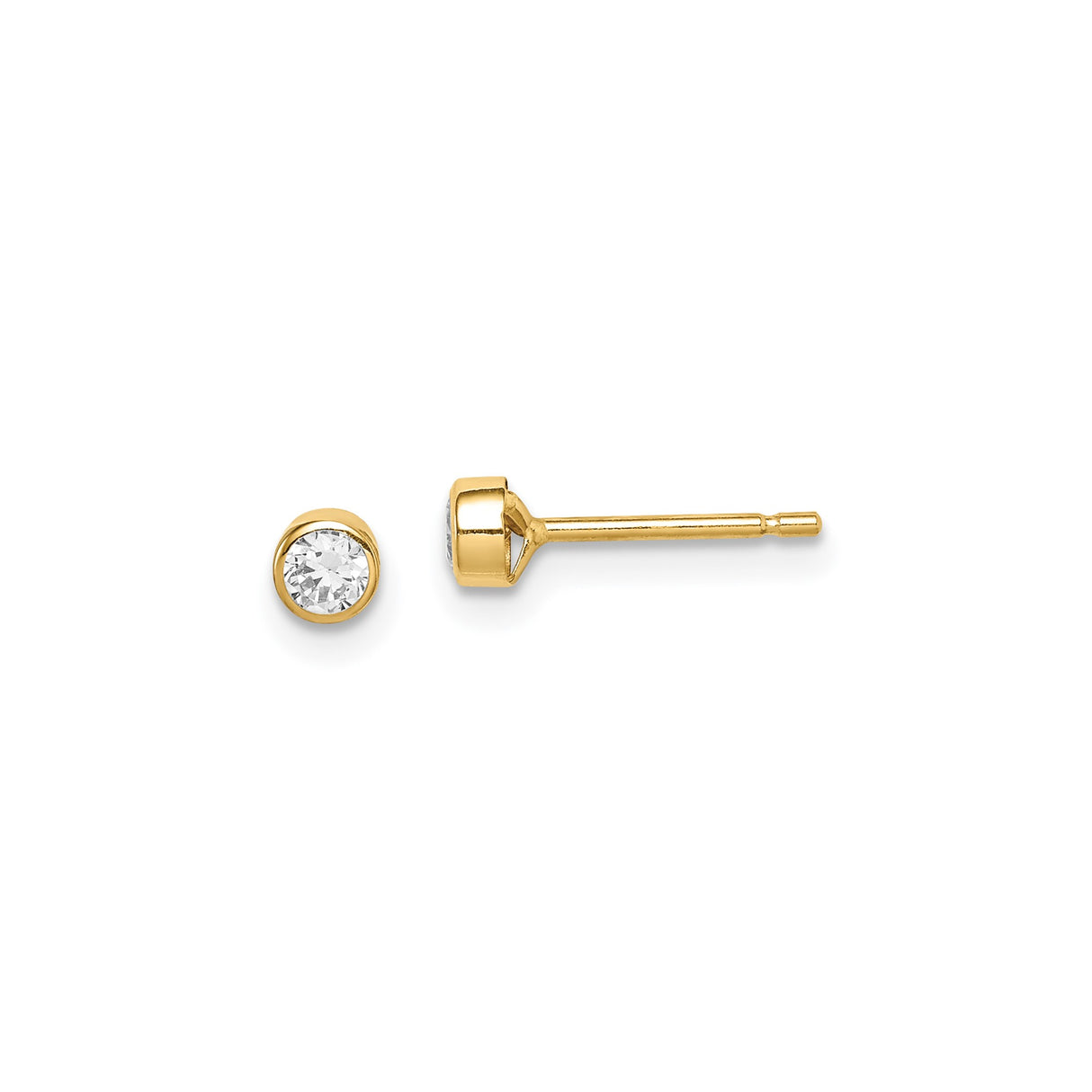 14k Yellow Gold Stud Earrings with Round Bezel Set Cubic Zirconia, Minimalist Design