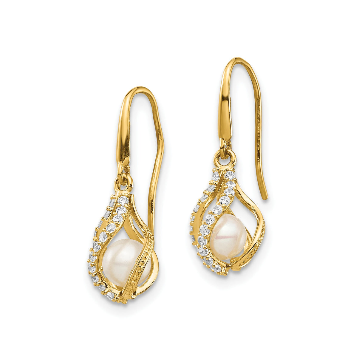 14k Yellow Gold Dangle Earrings with White Pearl and Twisted Teardrop Design