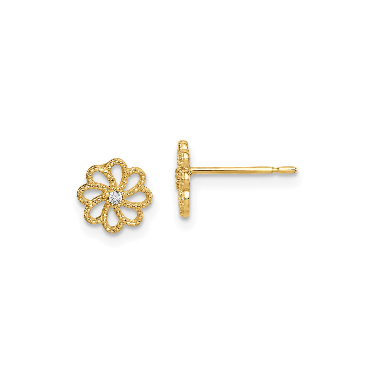 14k Yellow Gold Flower Stud Earrings with Open Petal Design and White Gemstone Center