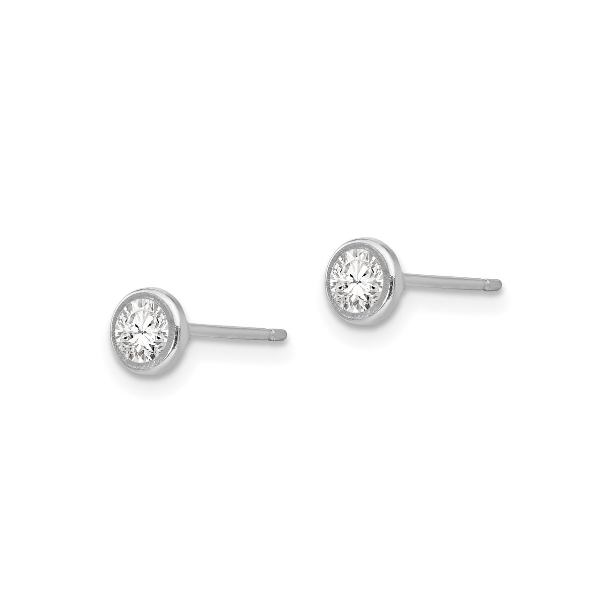 14k White Gold Round Bezel Set Stud Earrings with Cubic Zirconia, Minimalist Polished Design
