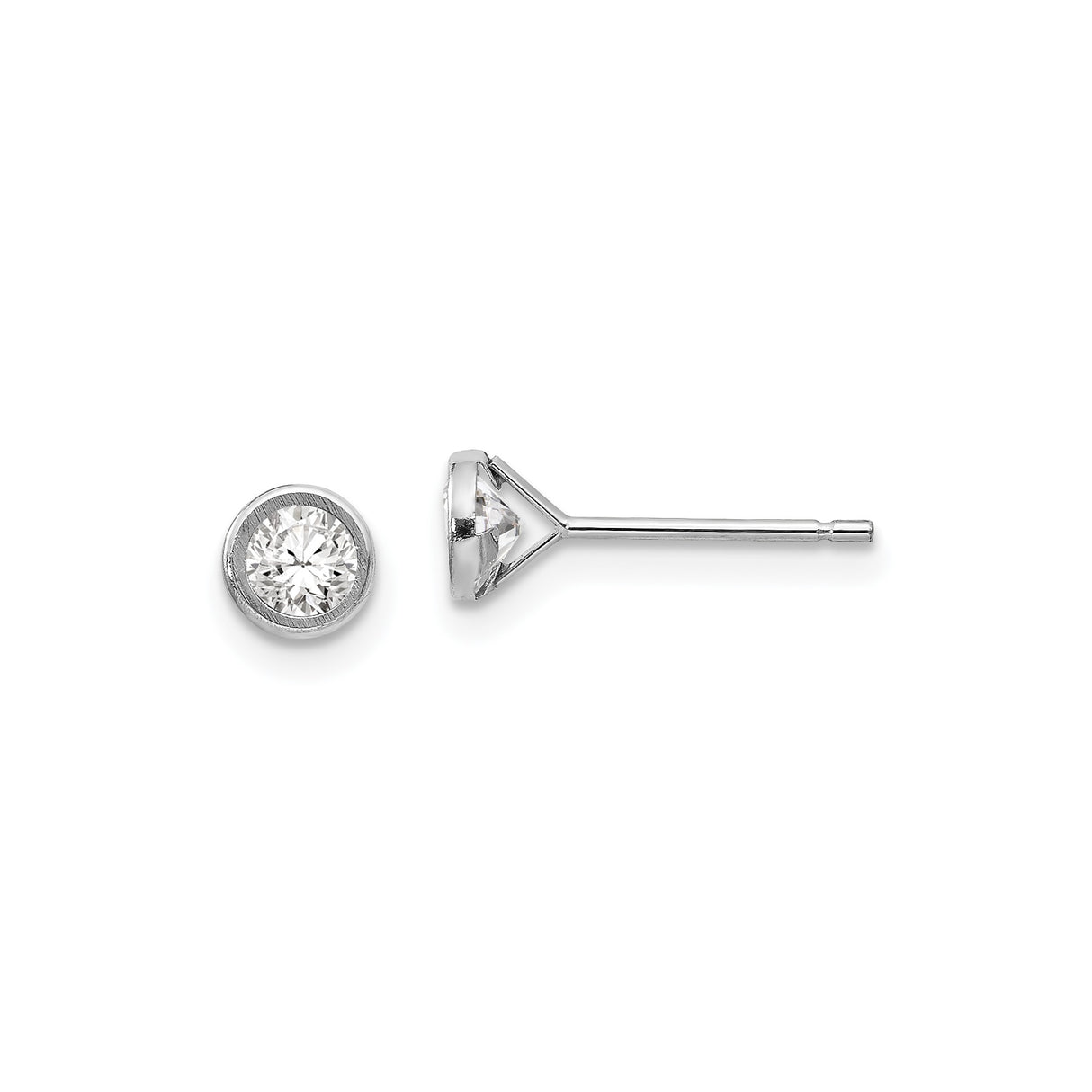 14k White Gold Round Bezel Set Stud Earrings with Cubic Zirconia, Minimalist Polished Design
