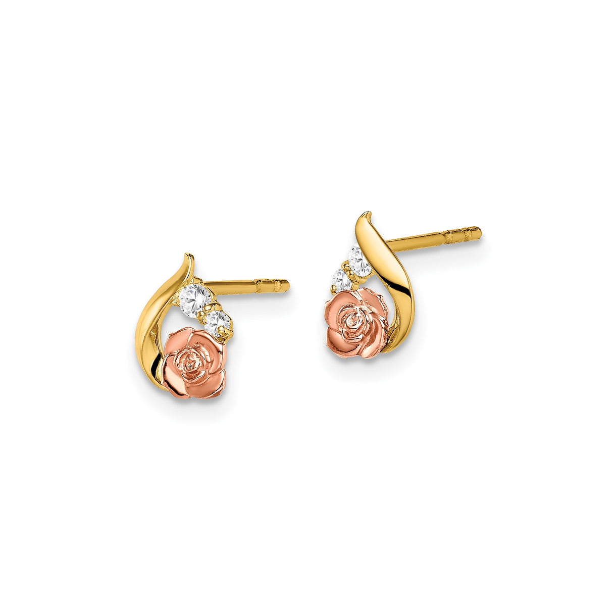 14k Two-Tone Gold Rose Stud Earrings with Yellow Gold Swirl and White Stones