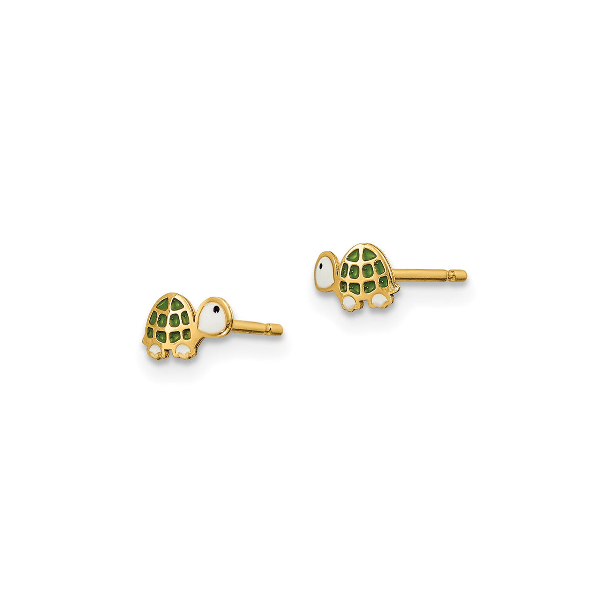 14k Yellow Gold Turtle Stud Earrings with Green and White Enamel, Animal Theme for Girls