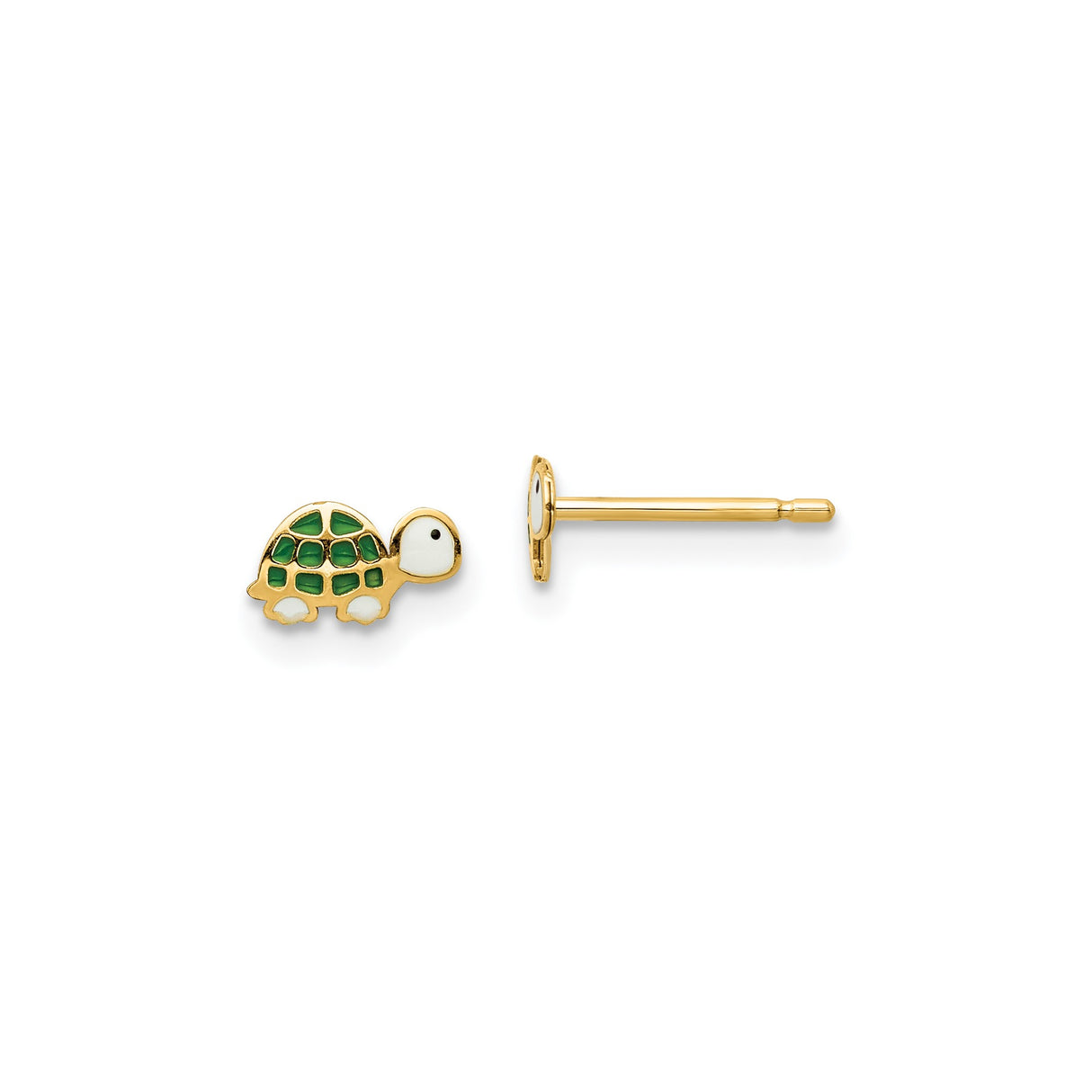 14k Yellow Gold Turtle Stud Earrings with Green and White Enamel, Animal Theme for Girls