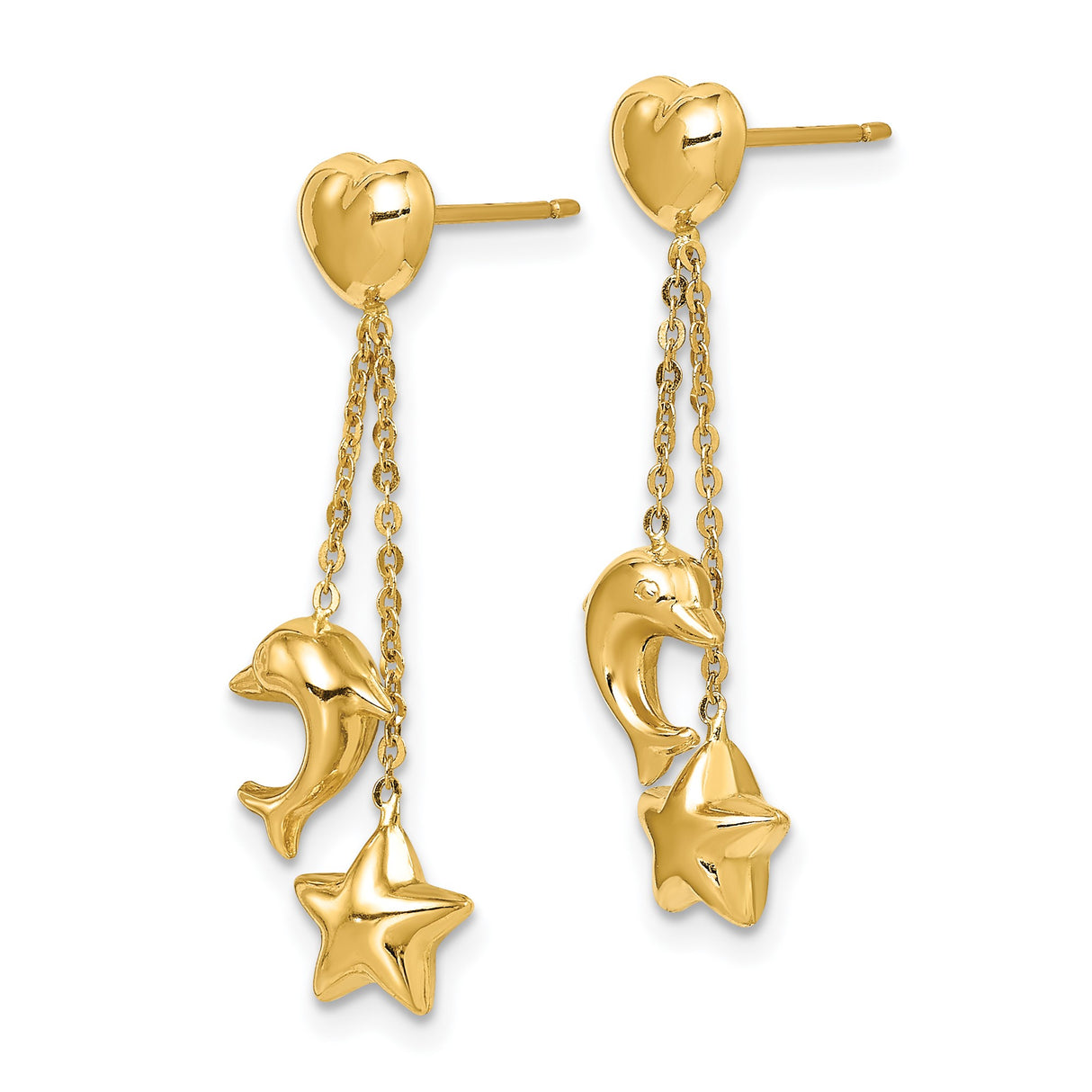 14k Yellow Gold Dangle Earrings, Heart Stud Tops with Sailboat, Shell, Dolphin, and Star Charms