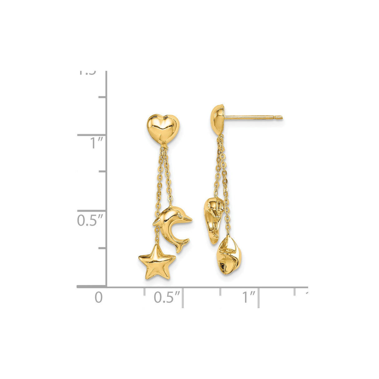 14k Yellow Gold Dangle Earrings, Heart Stud Tops with Sailboat, Shell, Dolphin, and Star Charms