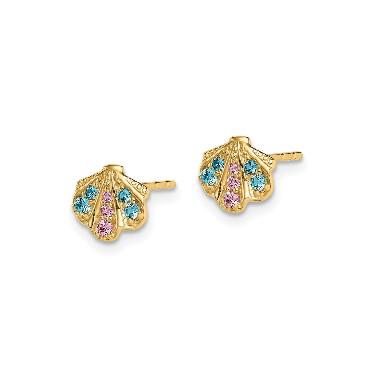 14k Yellow Gold Scallop Seashell Stud Earrings with Blue and Pink Gemstones, Nautical Design