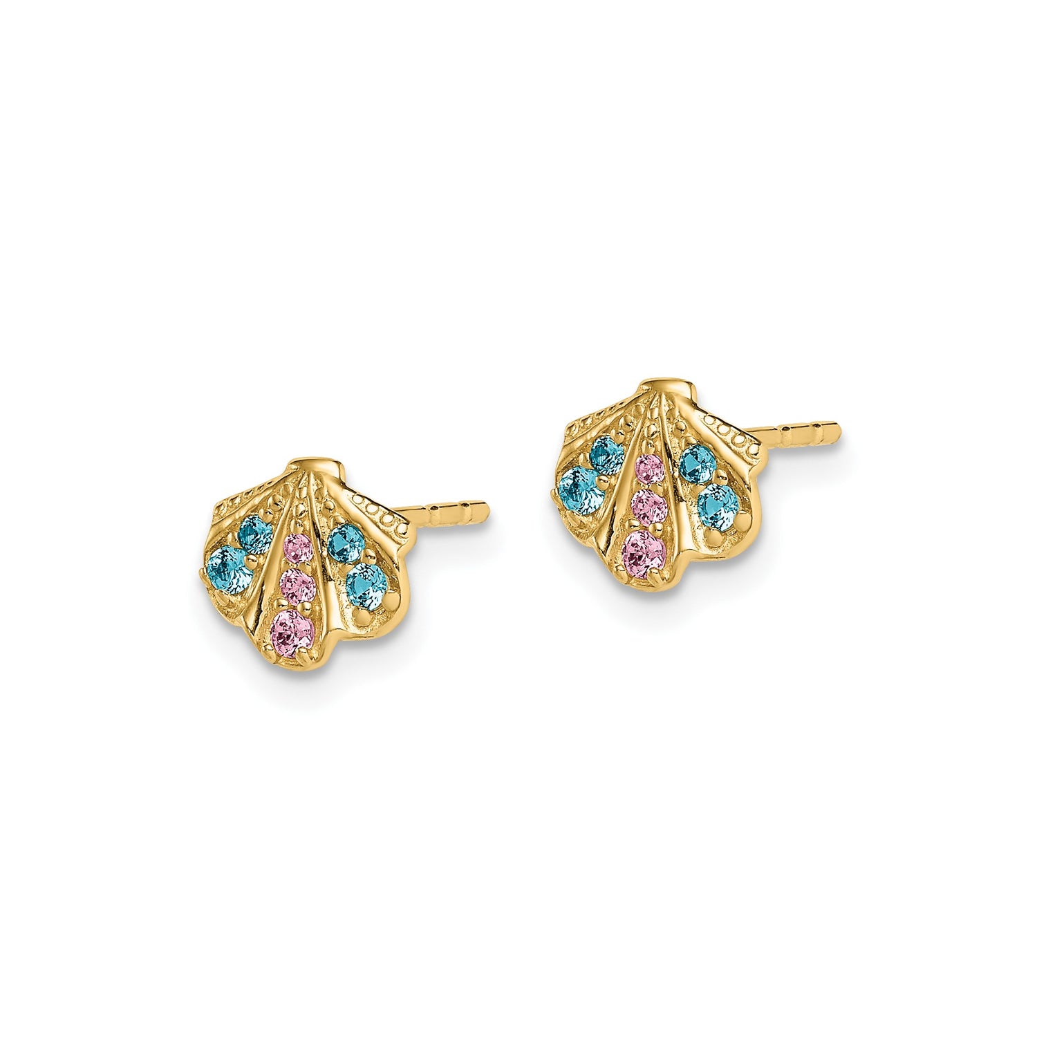 14k Yellow Gold Scallop Seashell Stud Earrings with Blue and Pink Gemstones, Nautical Design