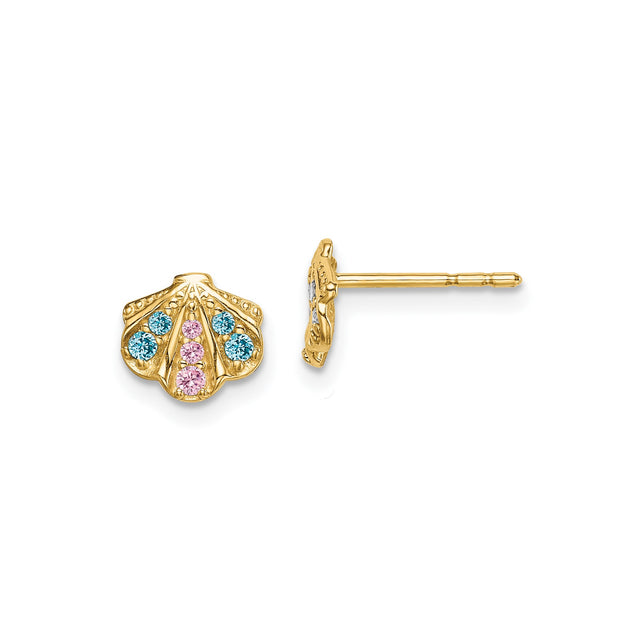 14k Yellow Gold Scallop Seashell Stud Earrings with Blue and Pink Gemstones, Nautical Design