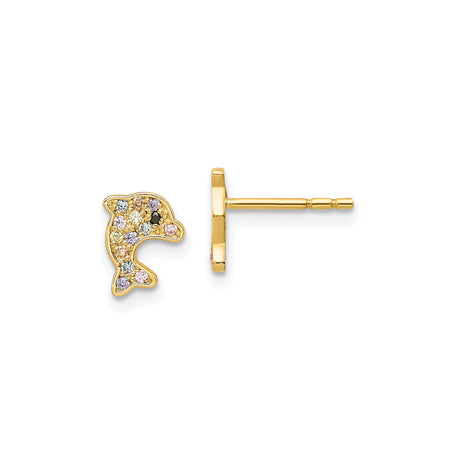 14k Yellow Gold Dolphin Stud Earrings with Multicolored Gemstones, Ocean Animal Theme