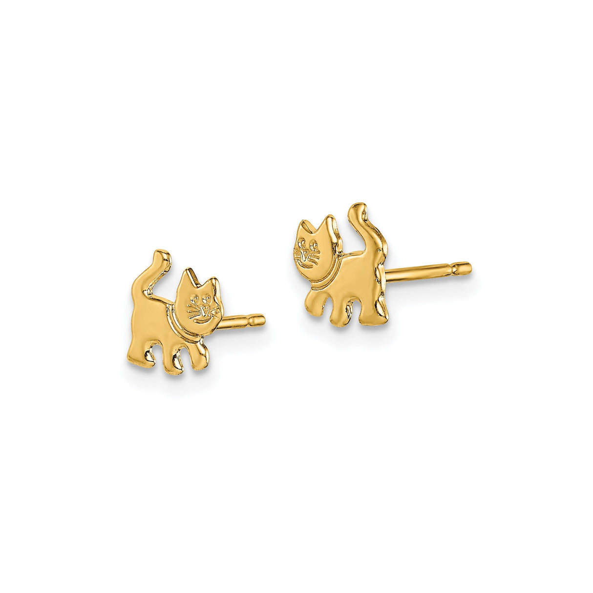 14k Yellow Gold Cat Stud Earrings, Playful Feline Design, Lightweight Animal Jewelry for Women or Kids