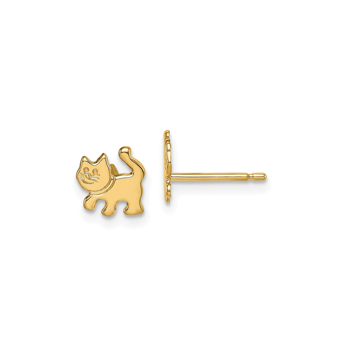 14k Yellow Gold Cat Stud Earrings, Playful Feline Design, Lightweight Animal Jewelry for Women or Kids