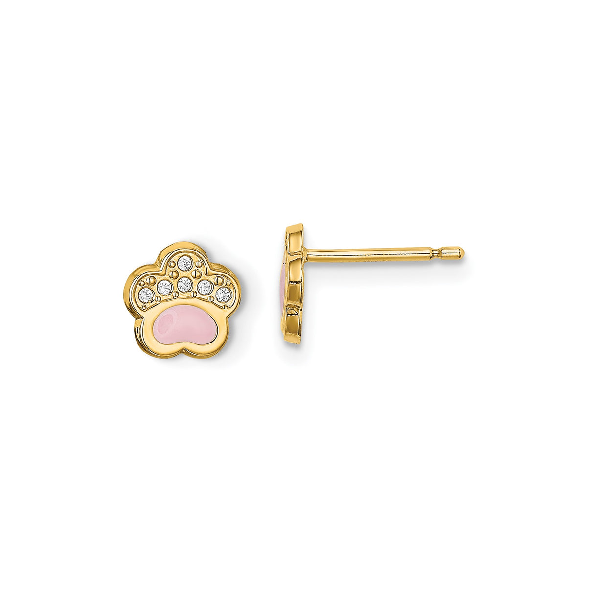 14k Yellow Gold Paw Stud Earrings with Pink Enamel and Crystal Accents, Animal Theme Jewelry