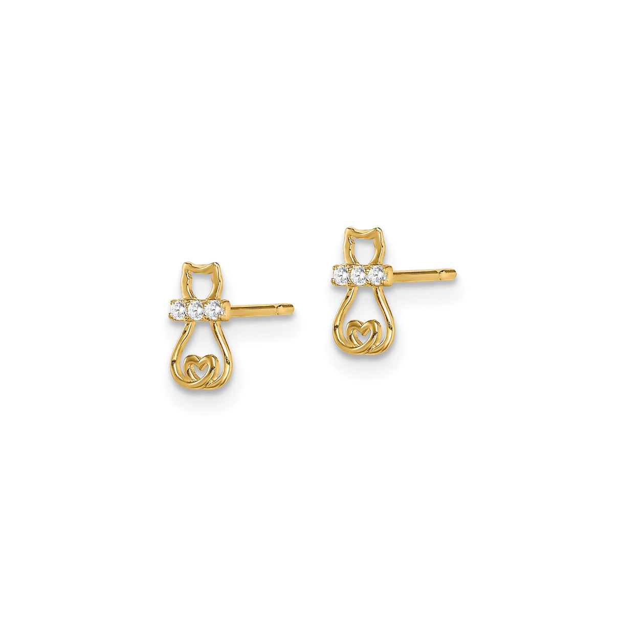14k Yellow Gold Cat Stud Earrings with Cubic Zirconia, Heart Detail, Minimalist Design