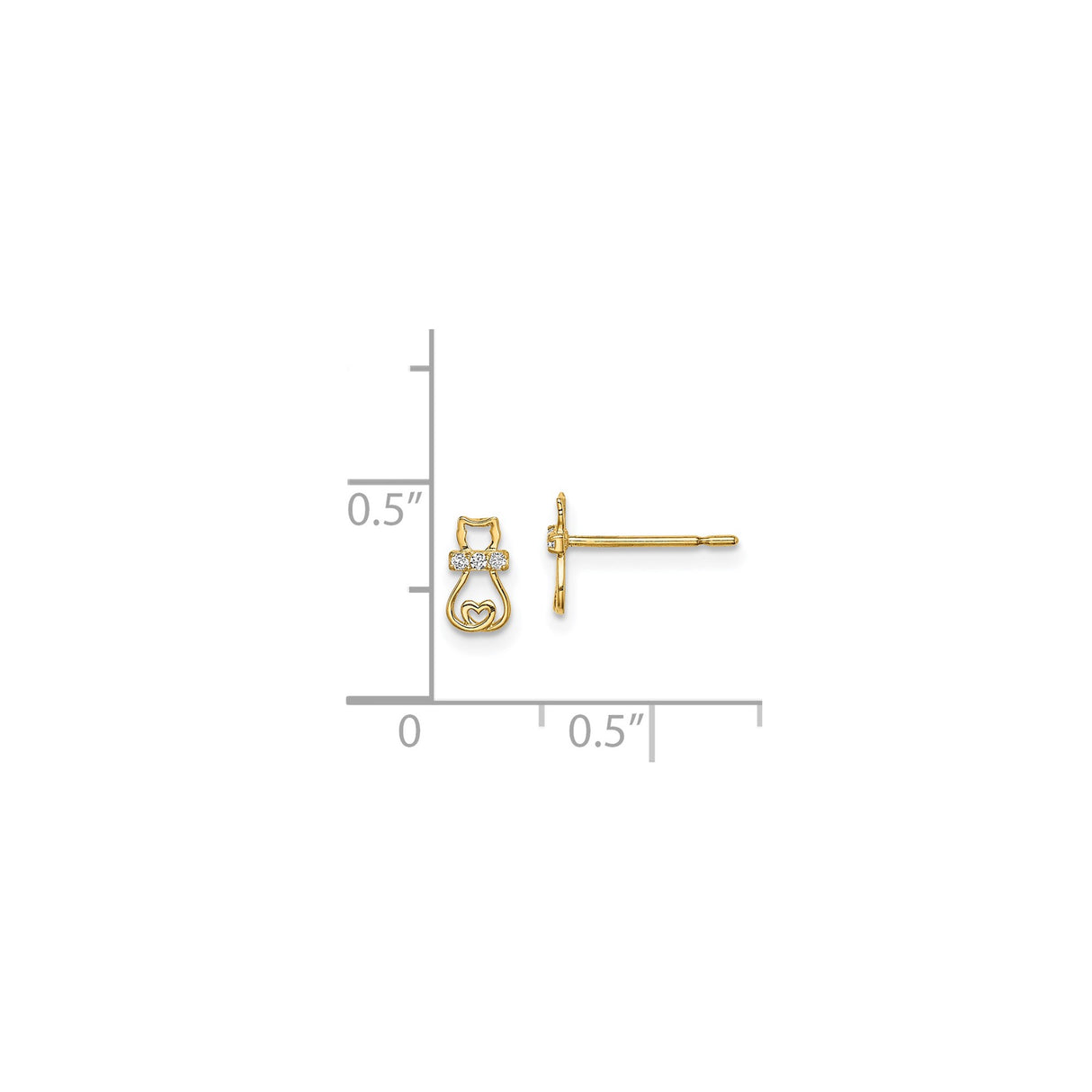 14k Yellow Gold Cat Stud Earrings with Cubic Zirconia, Heart Detail, Minimalist Design