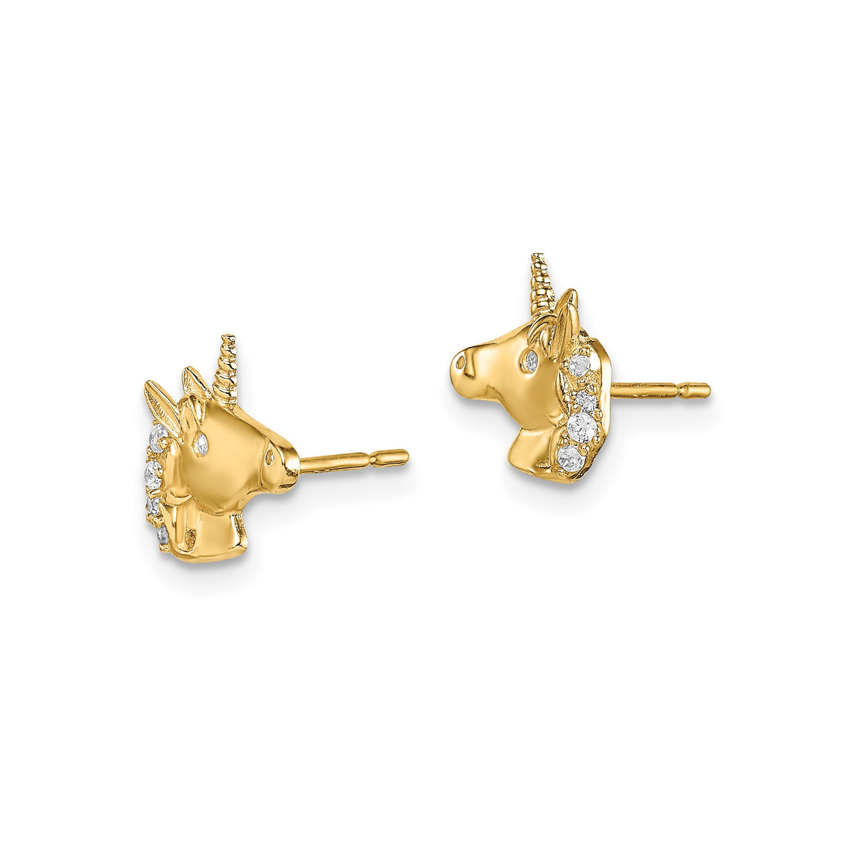 14k Yellow Gold Unicorn Stud Earrings with Cubic Zirconia, Whimsical Design for Women and Girls
