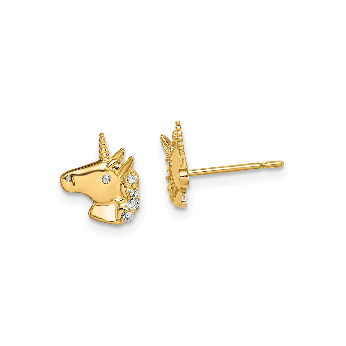14k Yellow Gold Unicorn Stud Earrings with Cubic Zirconia, Whimsical Design for Women and Girls
