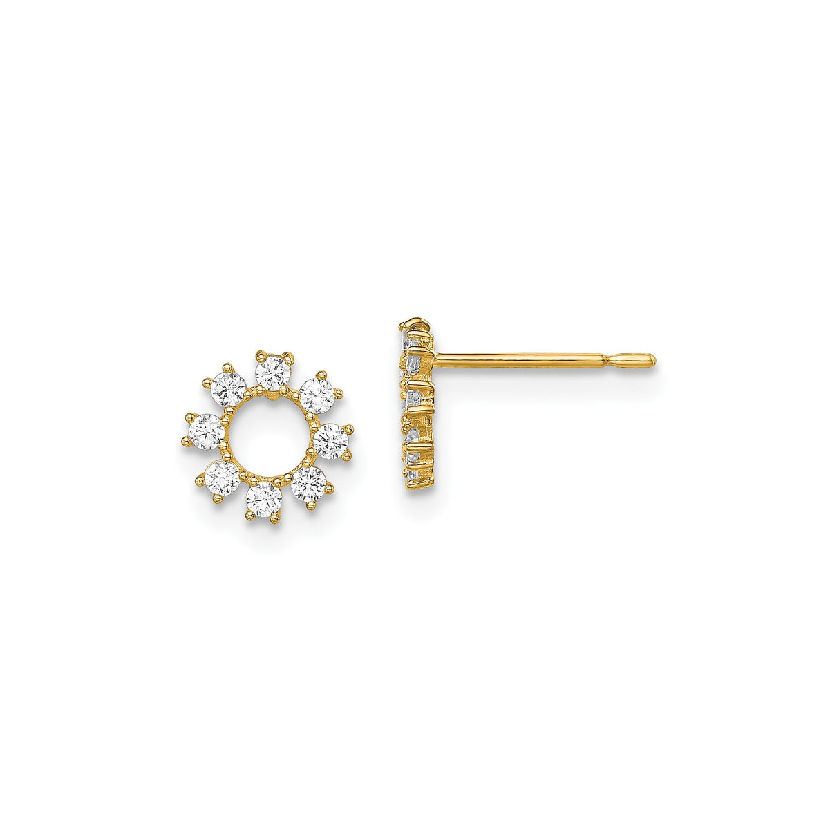 14k Yellow Gold Stud Earrings with Cubic Zirconia, Open Circle Floral Design