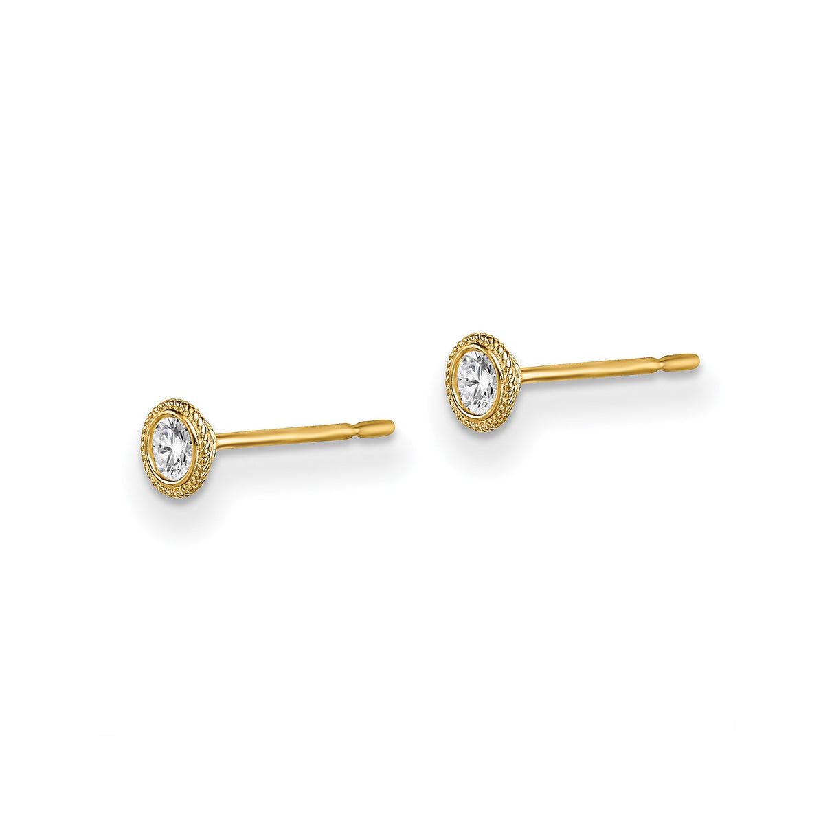 14k Yellow Gold Stud Earrings with Cubic Zirconia, Bezel Set Round Stones, Rope Border Design