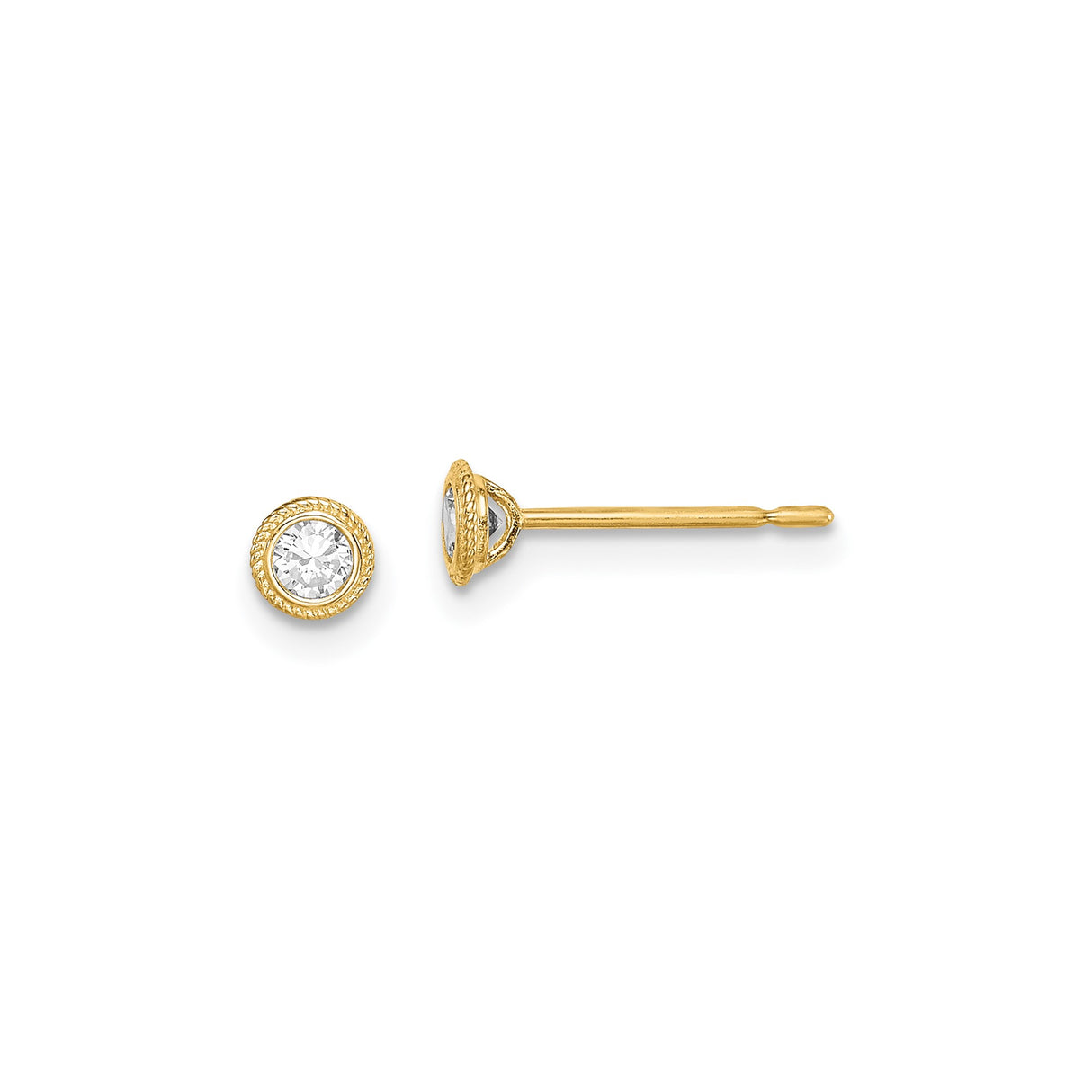 14k Yellow Gold Stud Earrings with Cubic Zirconia, Bezel Set Round Stones, Rope Border Design