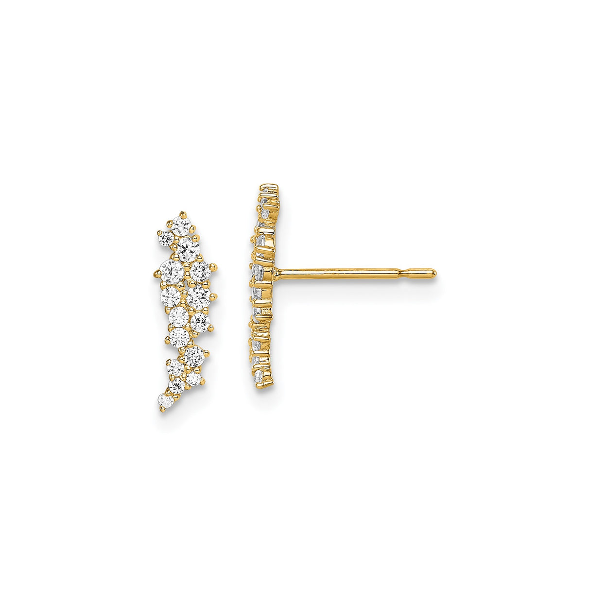 14k Yellow Gold Ear Climber Earrings with Cubic Zirconia, Curved Modern Design for Women