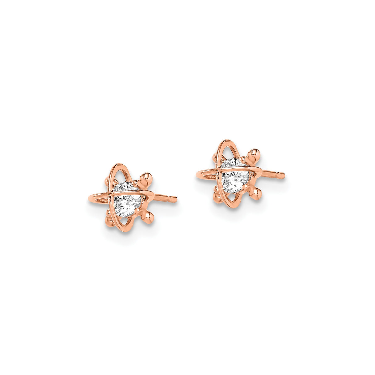 14k Rose Gold Stud Earrings with Cubic Zirconia, Cross Prong Setting, Starburst Design