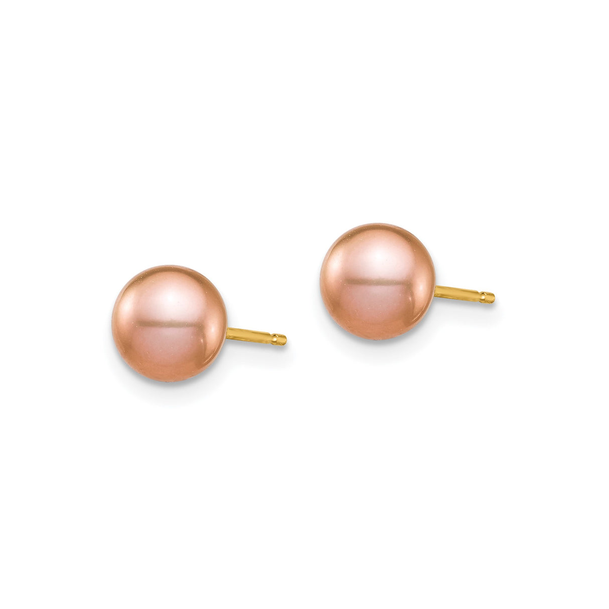 14k Yellow Gold Stud Earrings with Round Pink or Peach Freshwater Pearl, Classic Minimalist Design