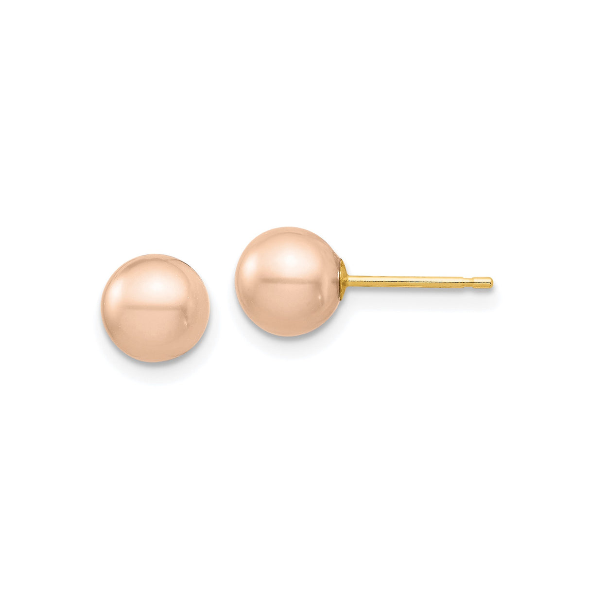 14k Yellow Gold Stud Earrings with Round Pink or Peach Freshwater Pearl, Classic Minimalist Design