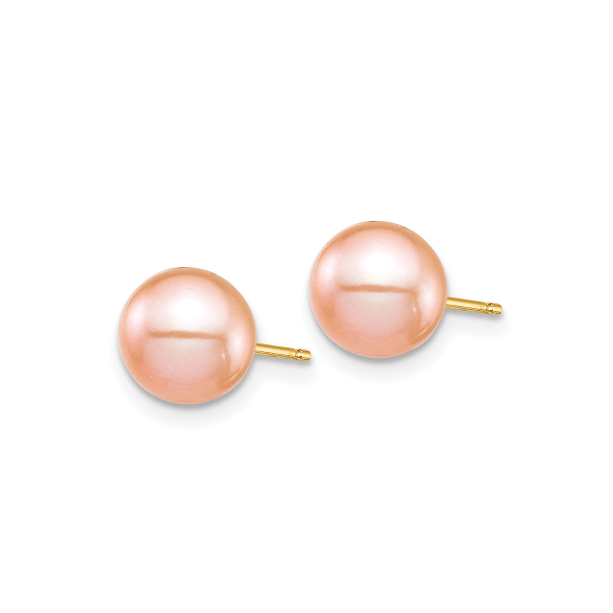 14k Yellow Gold Pearl Stud Earrings, Pink Freshwater Cultured Pearls, Classic Design for Women