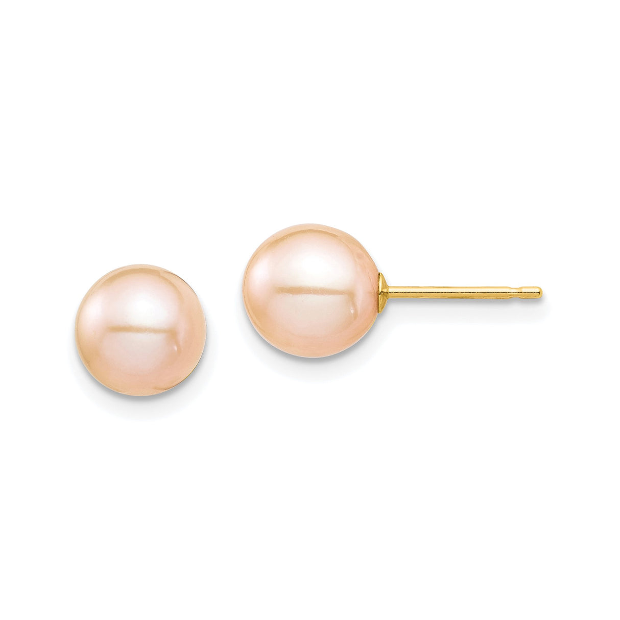 14k Yellow Gold Pearl Stud Earrings, Pink Freshwater Cultured Pearls, Classic Design for Women