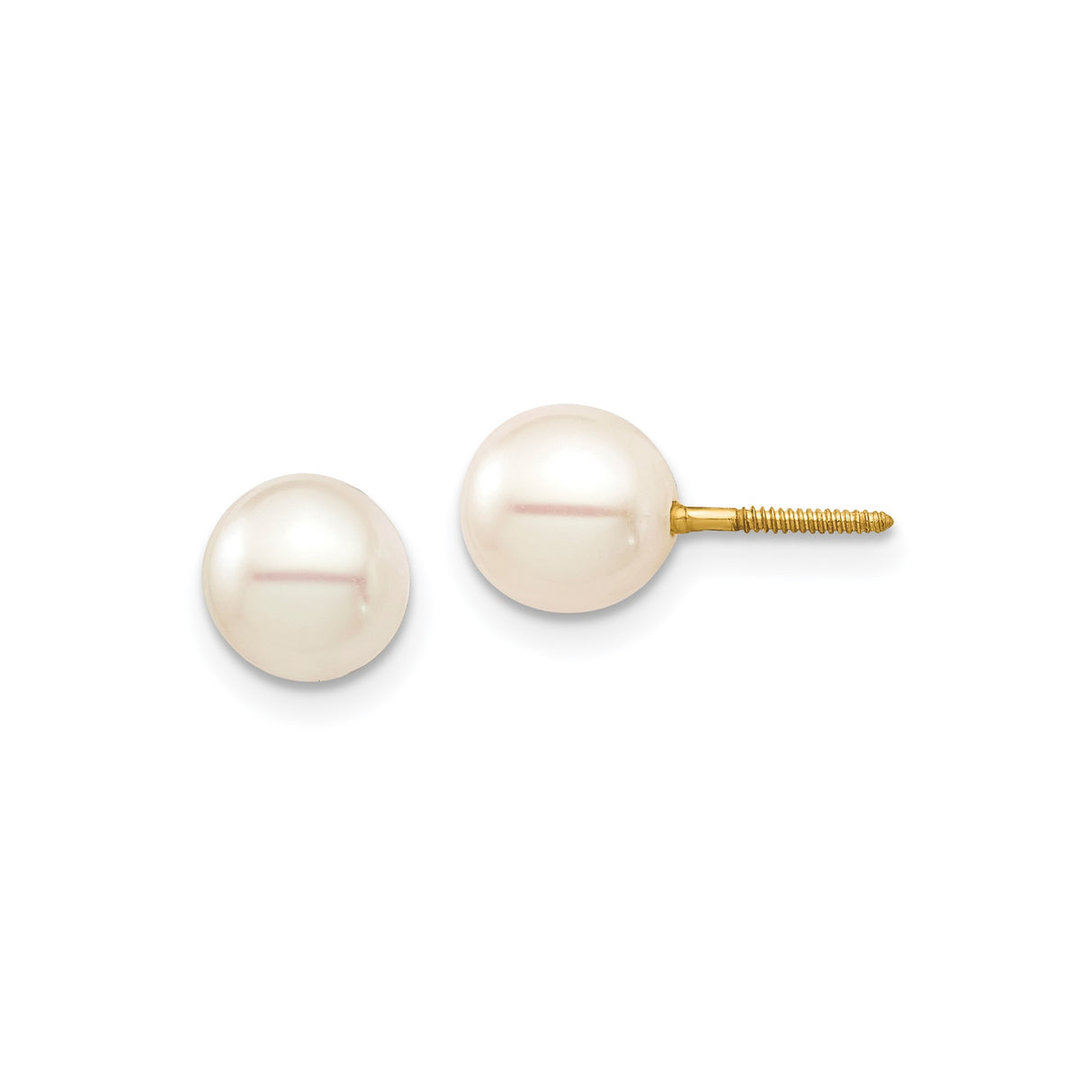 14k Yellow Gold Pearl Stud Earrings, White Cultured Pearls, Screw Back, Classic Style for Women