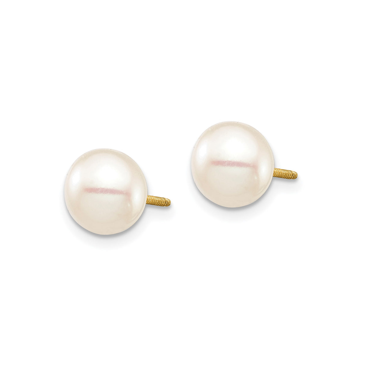 14k Yellow Gold Pearl Stud Earrings with Round White Cultured Pearls, Screw Back