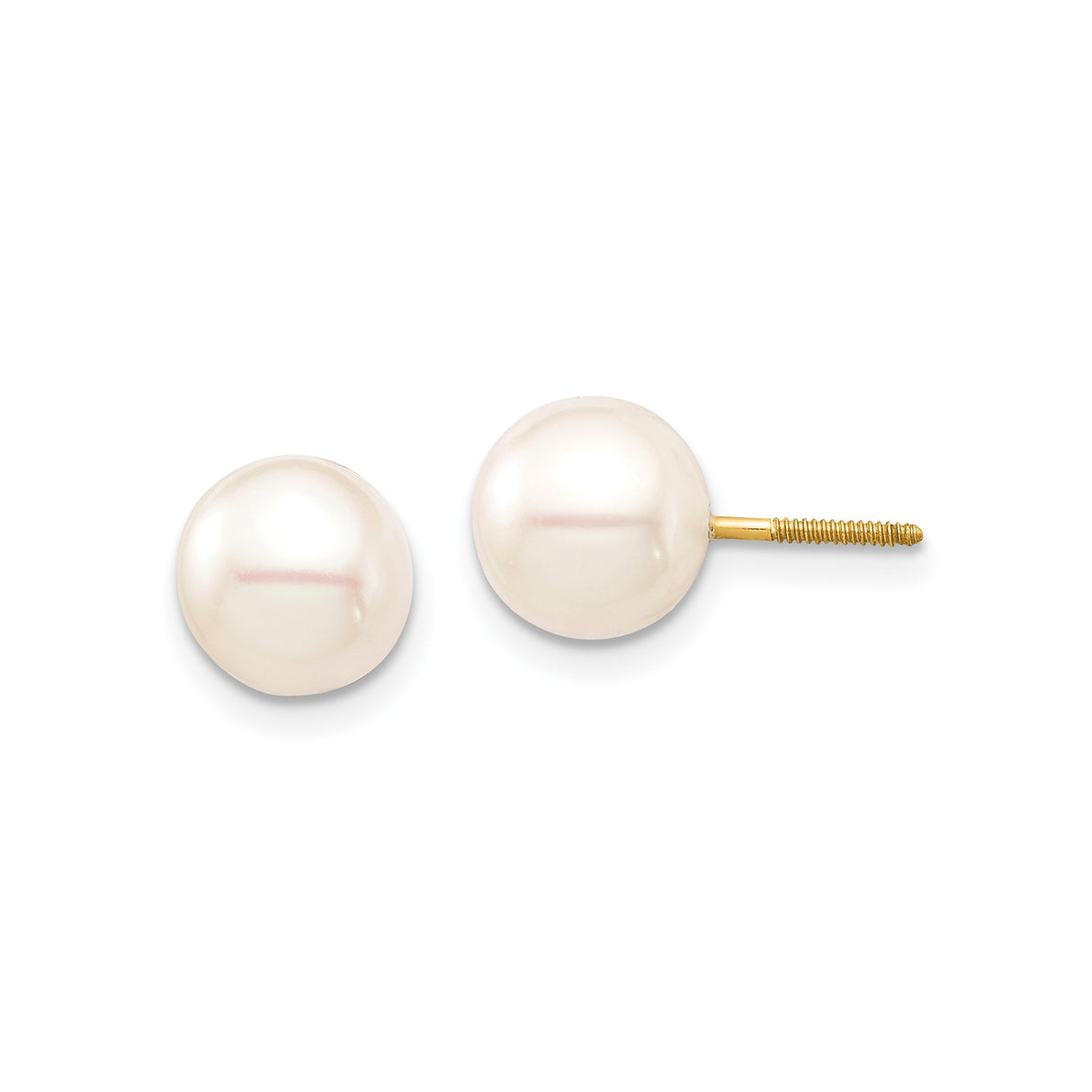 14k Yellow Gold Pearl Stud Earrings with Round White Cultured Pearls, Screw Back