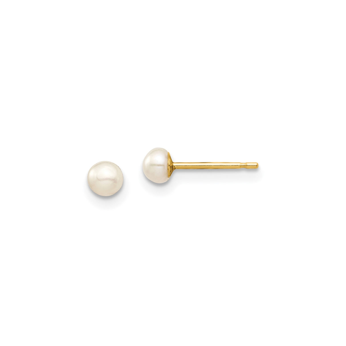 14k Yellow Gold Stud Earrings with Round White Cultured Pearls, Classic Minimalist Style