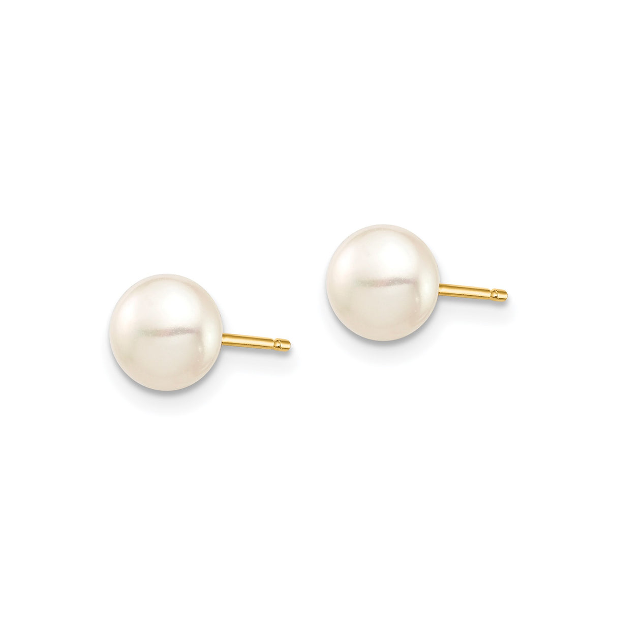 14k Yellow Gold Pearl Stud Earrings, Round White Freshwater, Classic Minimalist Design for Women