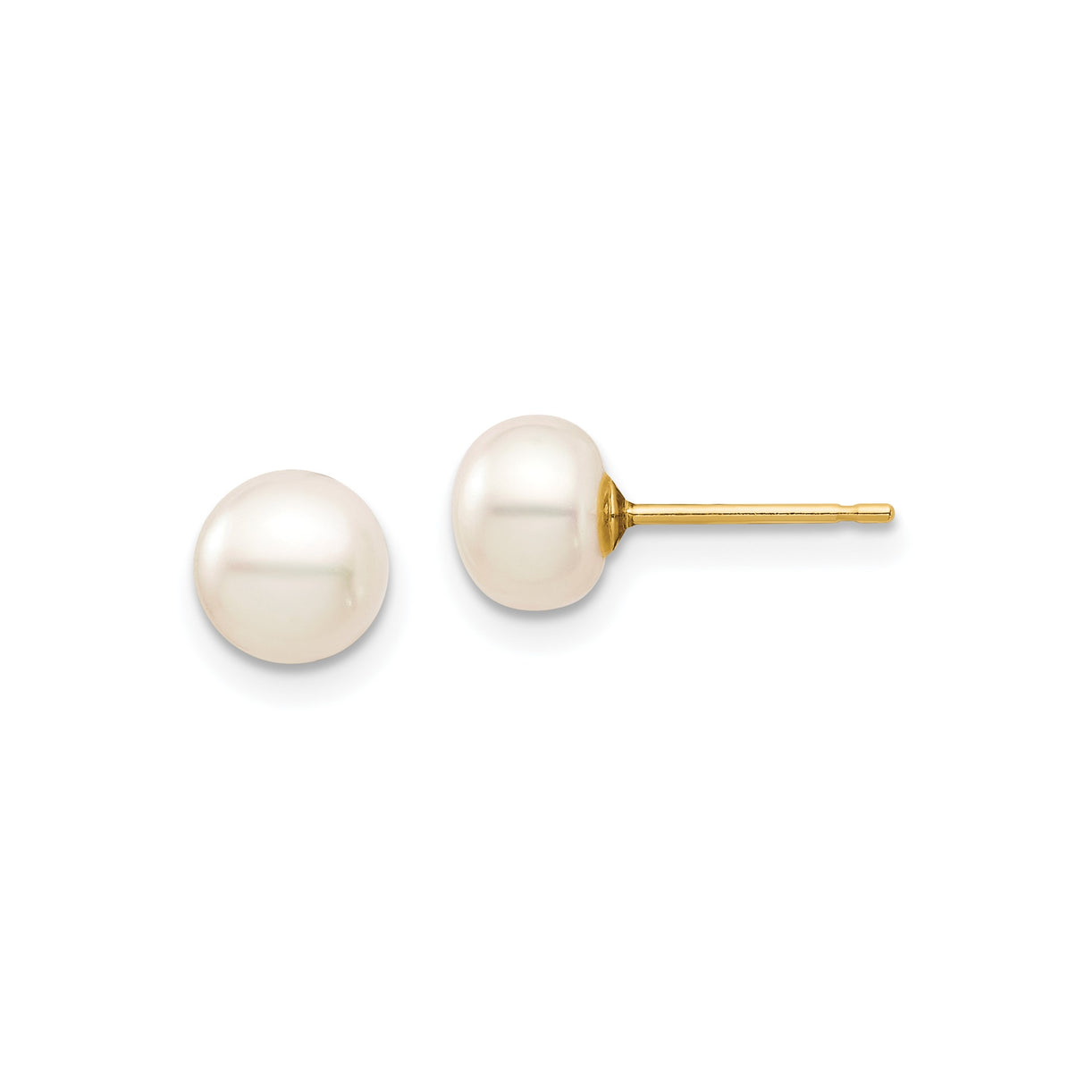 14k Yellow Gold Pearl Stud Earrings, Round White Freshwater, Classic Minimalist Design for Women