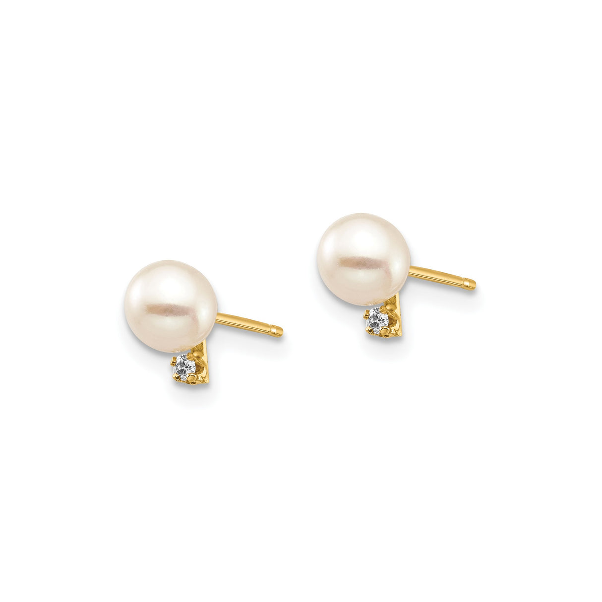 14k Yellow Gold Stud Earrings with Round White Cultured Pearls and Diamond Accents