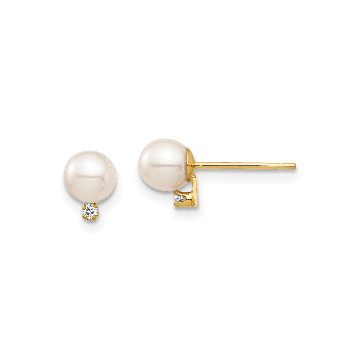 14k Yellow Gold Stud Earrings with Round White Cultured Pearls and Diamond Accents