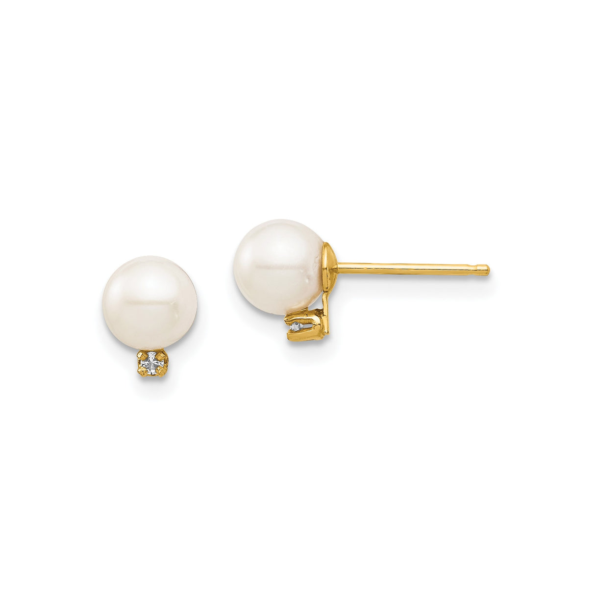 14k Yellow Gold Pearl Stud Earrings with Diamond Accent, Classic Bridal Jewelry
