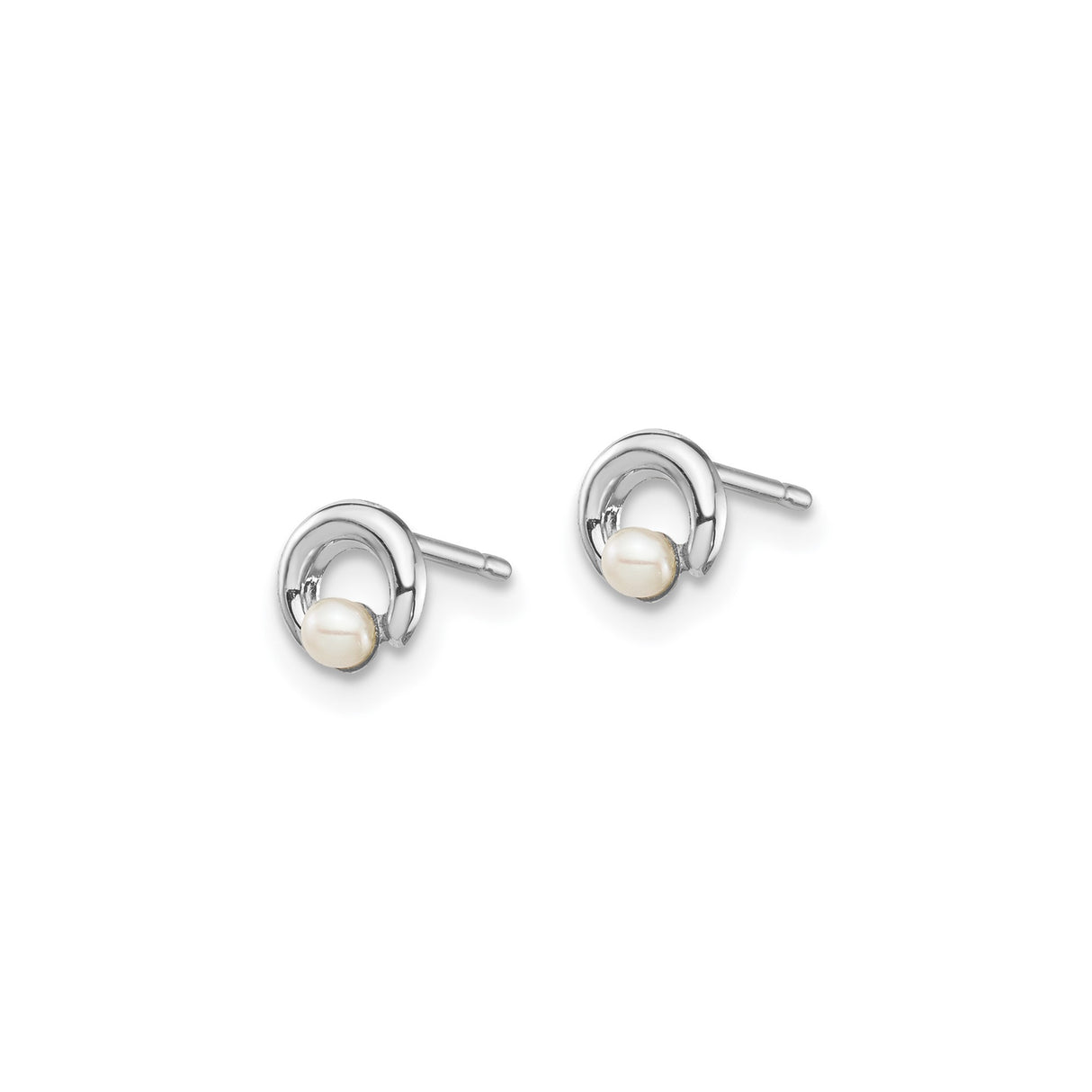 14k White Gold Stud Earrings with White Pearl, Open Circle Design, Minimalist Modern Style