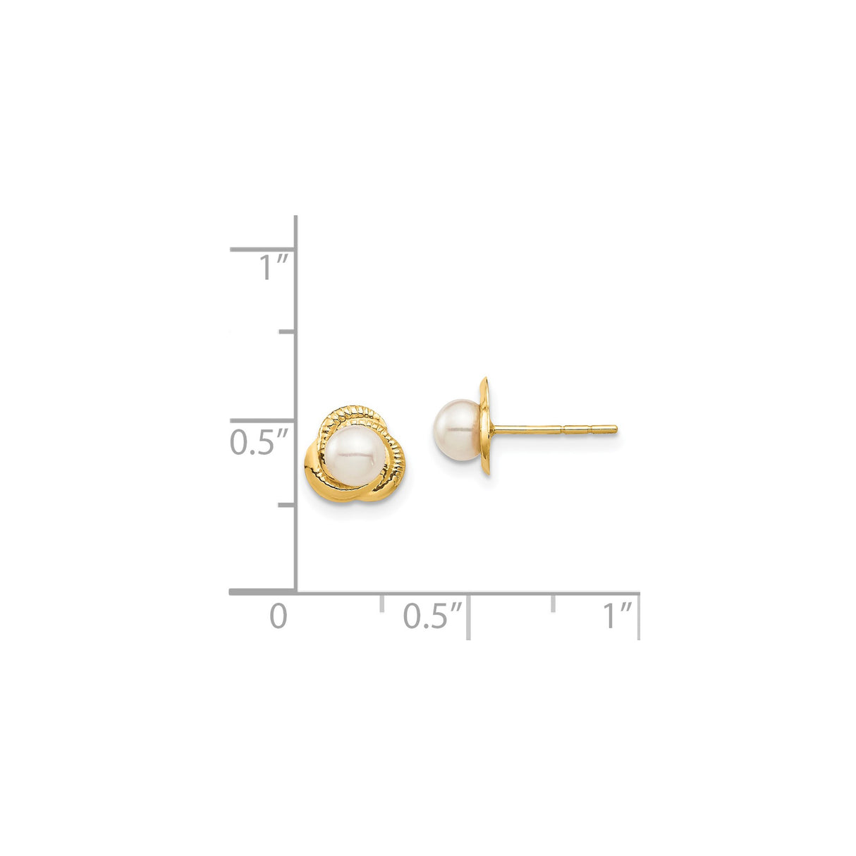 14k Yellow Gold Pearl Stud Earrings with Twisted Knot Design, Round White Cultured Pearl