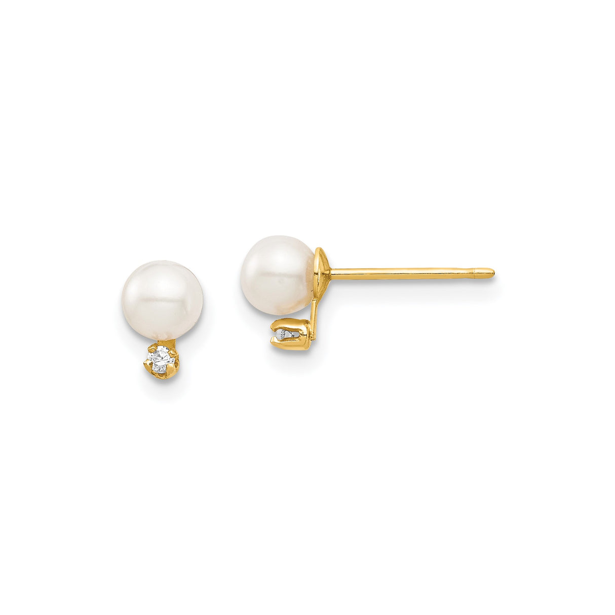 14k Yellow Gold Stud Earrings with Cultured White Pearls and Cubic Zirconia Accents