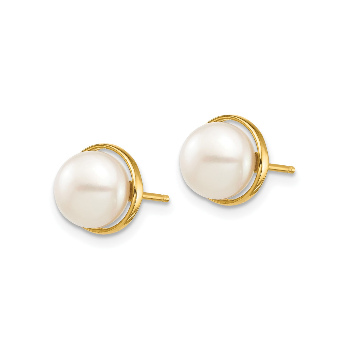 14k Yellow Gold Stud Earrings with Round White Pearl in Bezel Setting, Minimal Classic Style