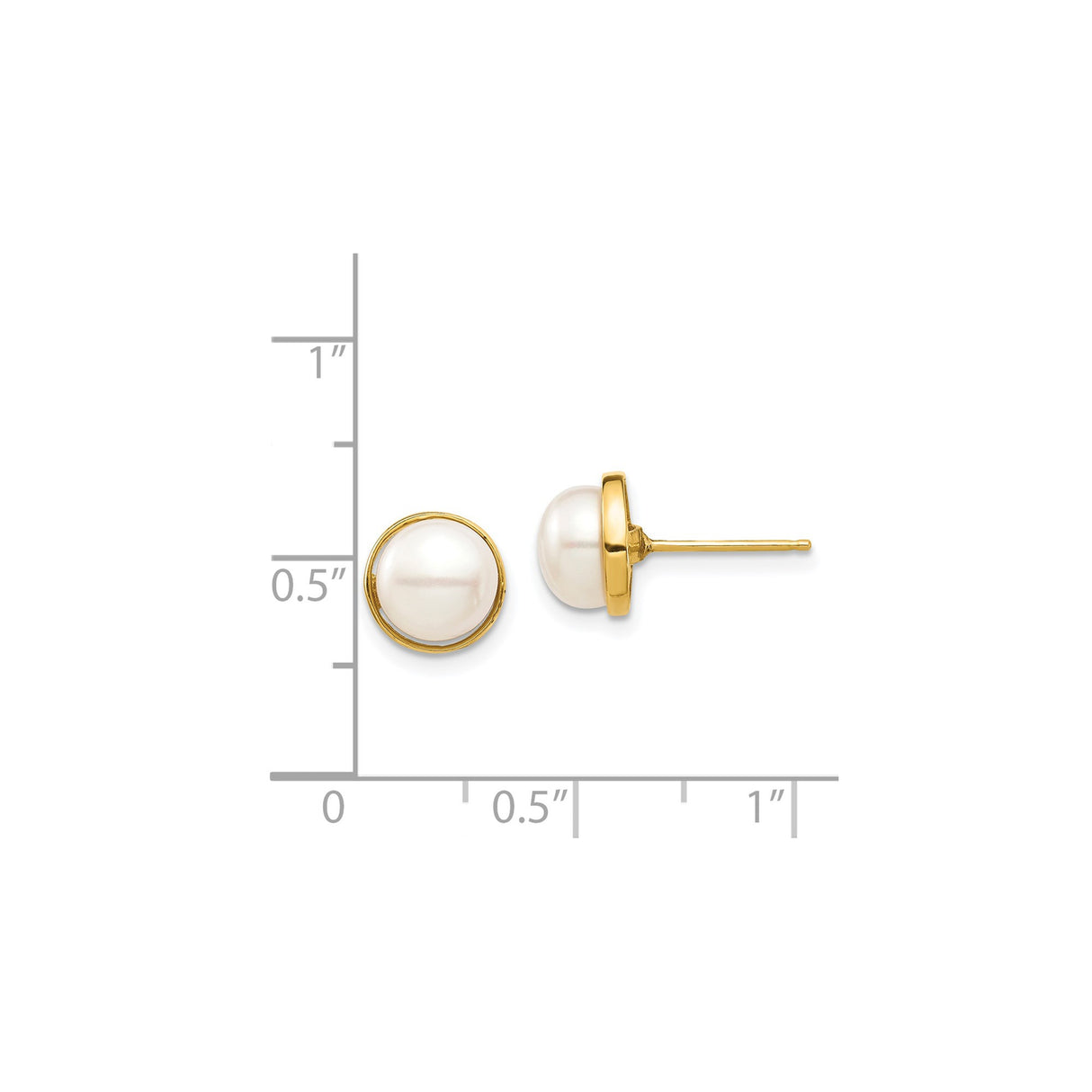 14k Yellow Gold Stud Earrings with Round White Pearl in Bezel Setting, Minimal Classic Style