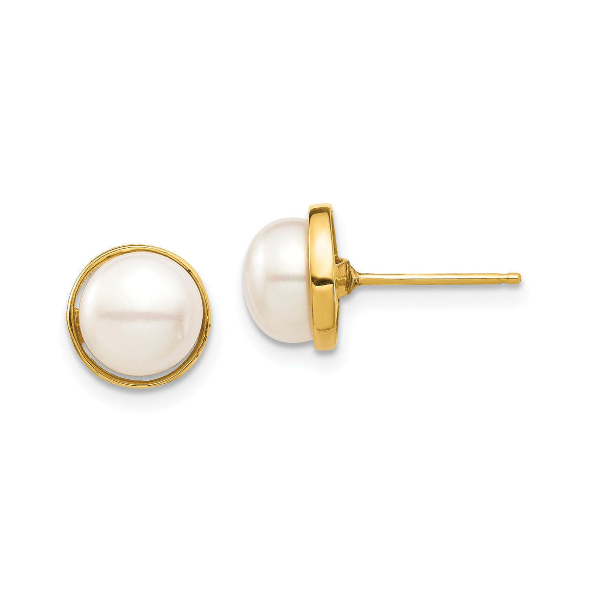 14k Yellow Gold Stud Earrings with Round White Pearl in Bezel Setting, Minimal Classic Style