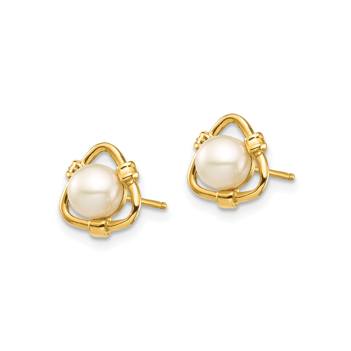 14k Yellow Gold Stud Earrings with Cultured Pearl in Open Knot Triangle Design